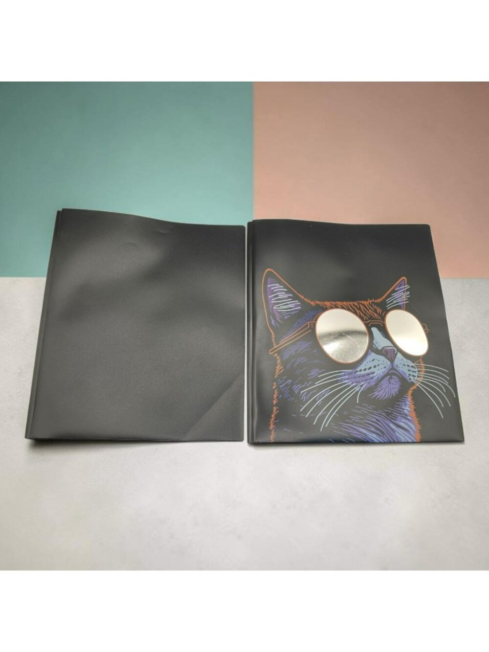 Cool Cat Design Pen + Gear Prong Poly Folders 9.4x11.4 Inch 2-Pack Black Glossy